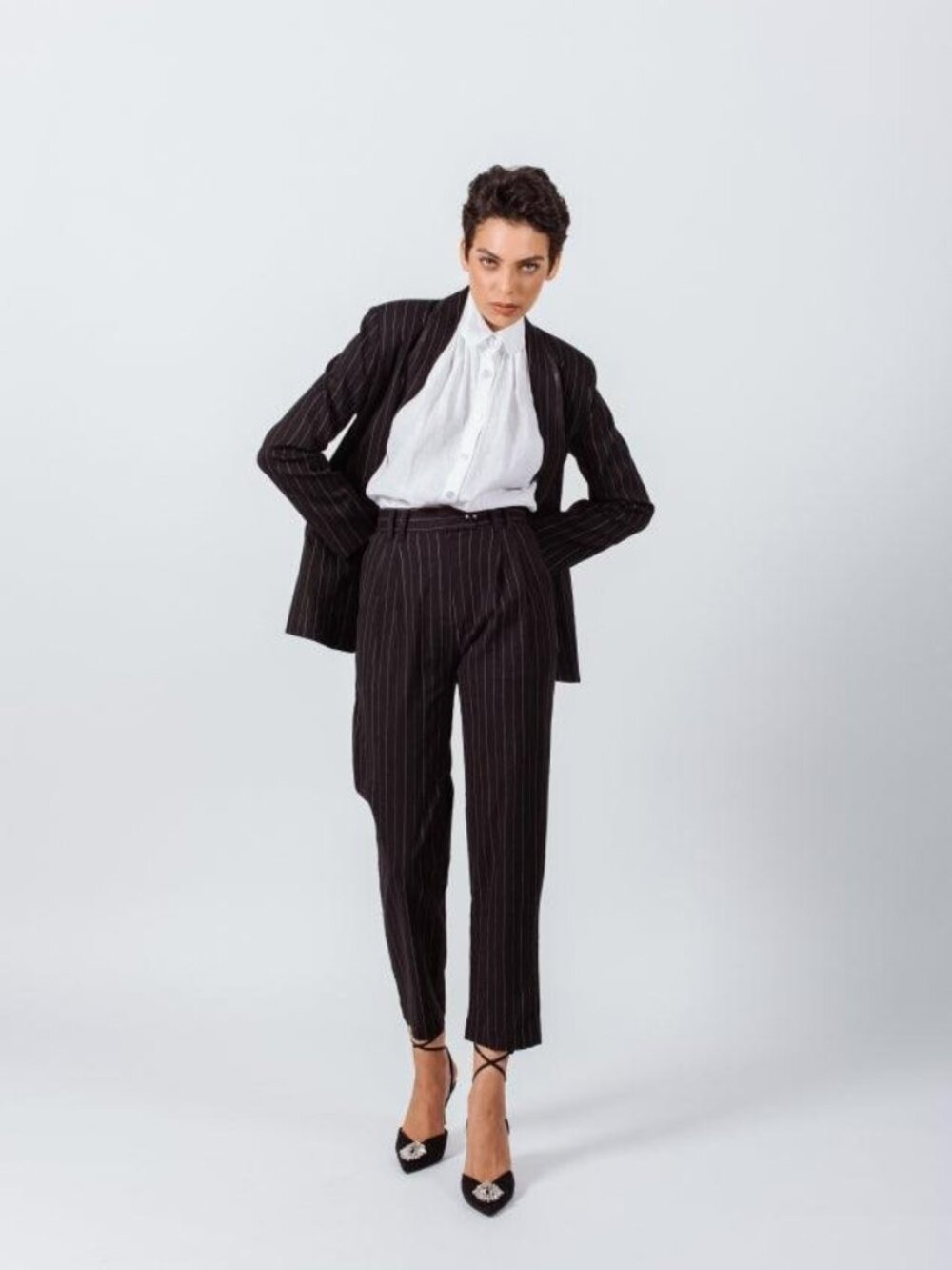 `Black Pinstripes Suit Pants – Women’s Tailored Office Trousers